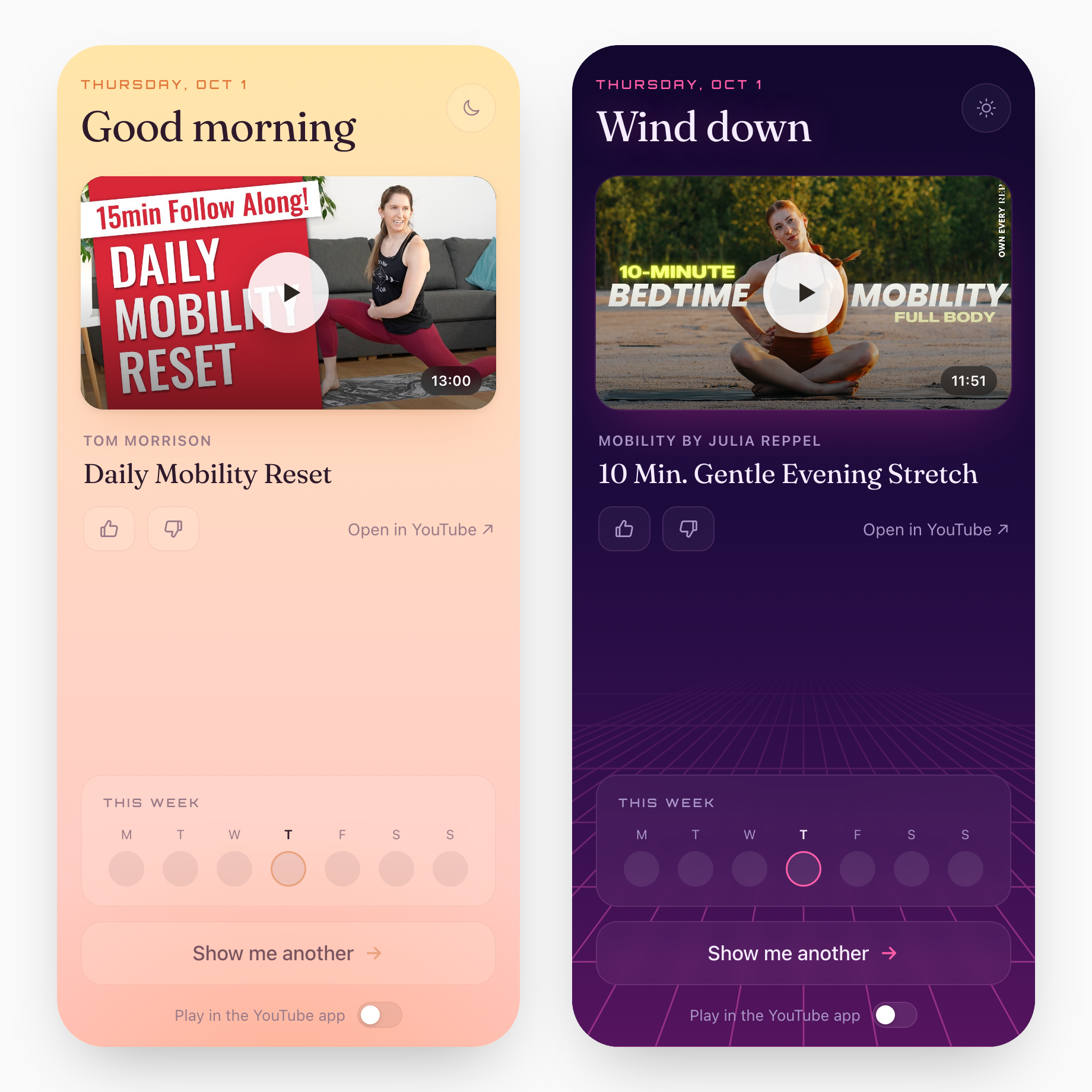 Rad Mobility on a phone, shown twice: a warm “Good morning” screen with a daily mobility video, and a dark “Wind down” screen with a gentle evening stretch.