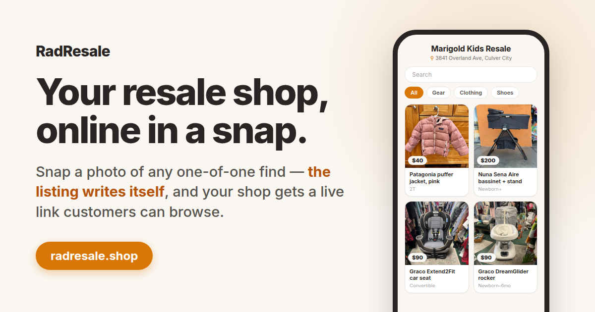 The RadResale site showed the customer view: a simple, browsable storefront for a shop's one-of-one inventory.