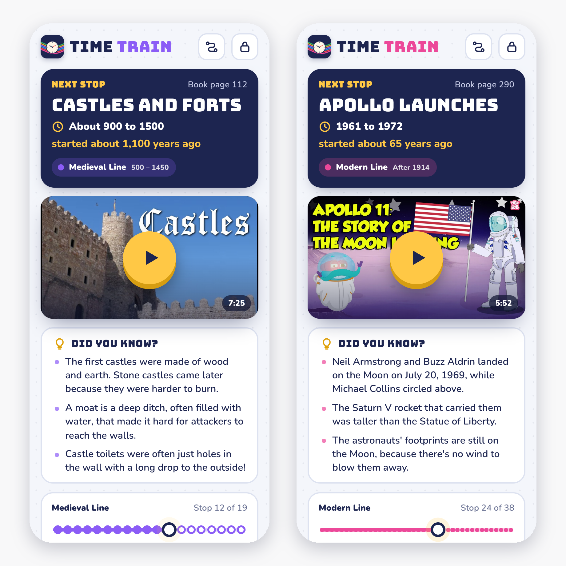 Two Time Train stops on a phone: Castles and forts on the purple Medieval Line, and Apollo launches on the pink Modern Line, each with its book page, when it happened, a video and three Did you know? facts.